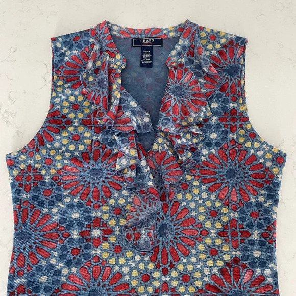 Chaps Denim Sleeveless V Neck w Frills Lined Print Top Blue Red Gold Sz S - Picture 4 of 9